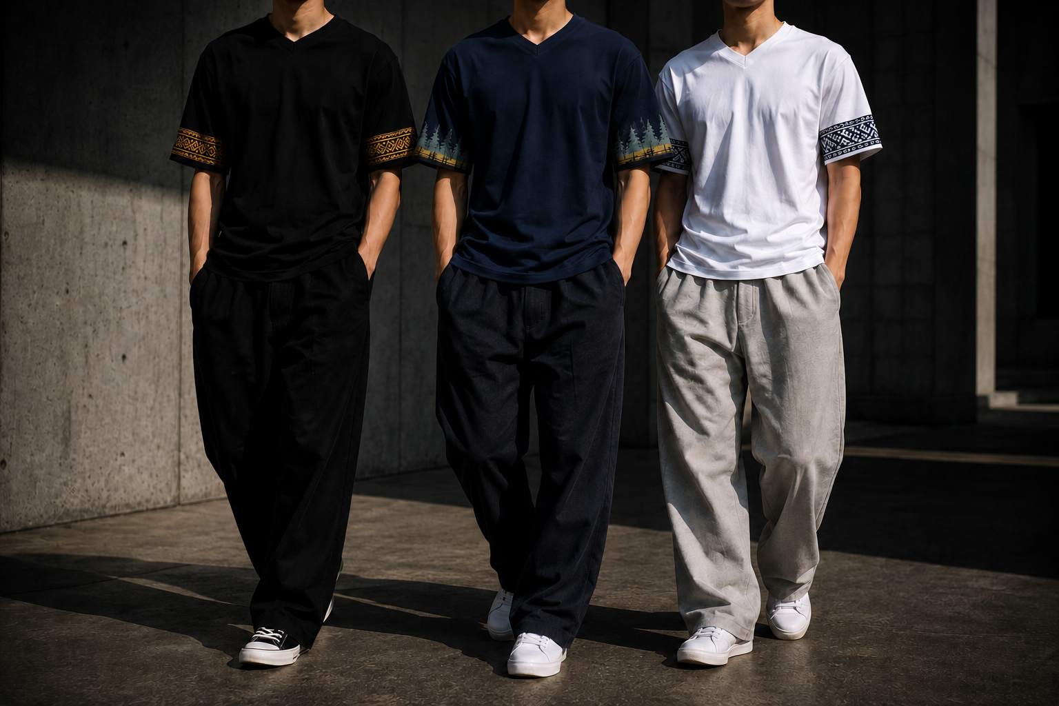 Three models walking in black, navy, and white patterned-sleeve shirts