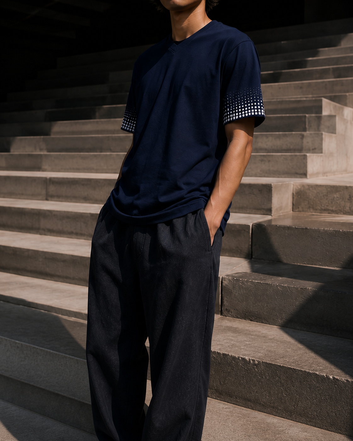Model in a navy patterned-sleeve shirt standing beside concrete stairs
